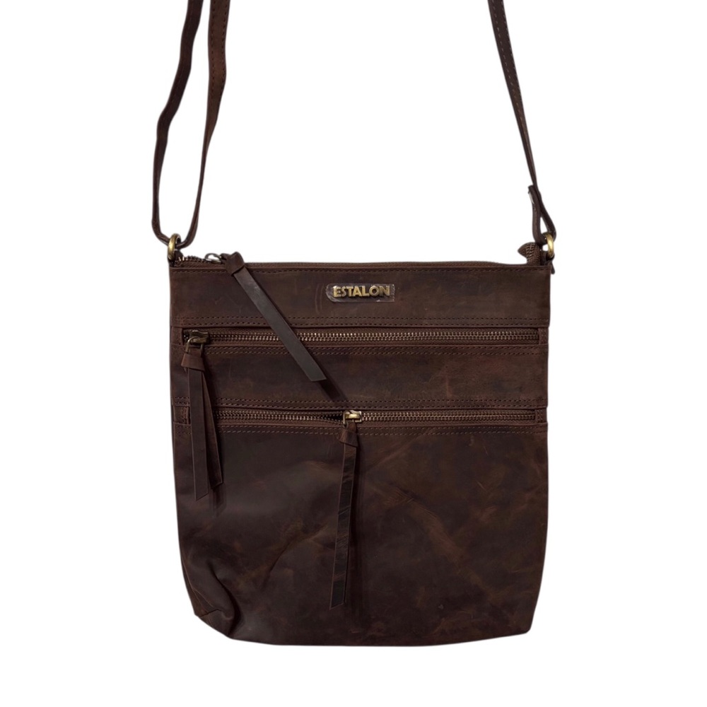 Estalon Brown Leather Crossbody Messenger Bag Purse - Picture 6 of 16